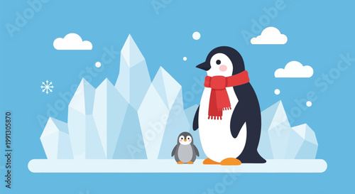 A cute mother penguin wearing a red scarf standing with her baby chick.