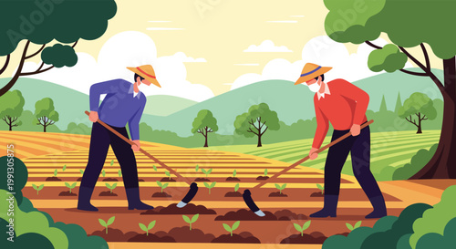 Two farmers wearing straw hats and face masks use hoes to till soil in a large agricultural field under a bright sun.