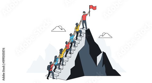 Diverse team of people helps each other climb a steep mountain staircase to reach a red flag at the summit.
