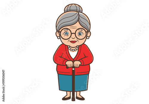 Cute Cartoon Grandmother Illustration with Walking Cane, Senior Lady Character Wearing Glasses and Red Cardigan Isolated on White