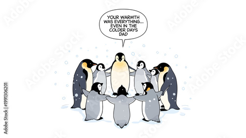 Penguin's embrace: a heartwarming scene of a penguin family huddled together, sharing warmth and affection amidst the snowy landscape. Capturing the essence of familial love and support.