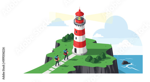 Two hikers with backpacks trek along a scenic cliffside path towards a tall red and white lighthouse by the blue sea.