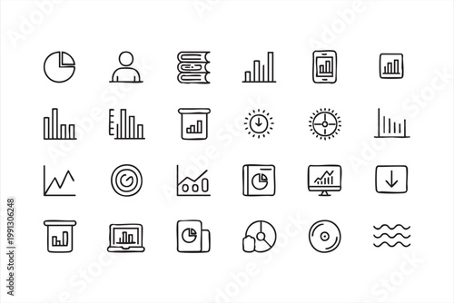 Financial data visualization icon set, charts metrics reports for dashboard interface