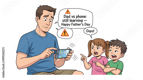 Father's Day Tech Trouble: A dad struggles with his phone while his kids express their disappointment or concern, playfully illustrating the challenges of modern parenting.