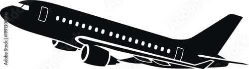 Black airplane silhouette vector, commercial jet aircraft taking off, passenger plane icon art