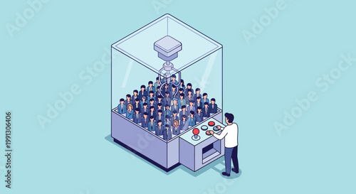 Professional recruiter uses a claw machine game to select a top candidate from a group of employees for a new job.