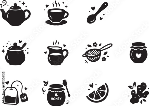 Black and white line of honey pots with bees and honeycombs line honey pot cartoon style