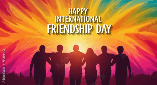 Happy International Friendship Day Diverse Group Of Friends Hugging With Colorful Abstract Background