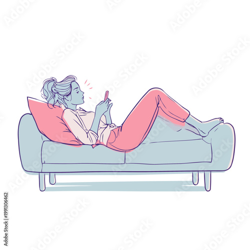 Woman relaxes on a comfortable sofa while browsing content on her handheld smartphone.