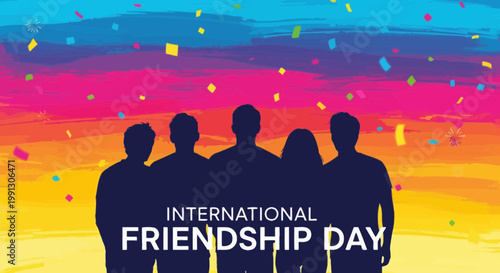 International Friendship Day Silhouette of Friends Celebrating with Confetti Against Colorful Sky