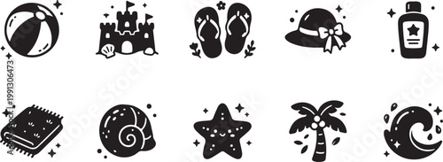 Black and white of various and symbols including a clock a camera a key a flower and a target time