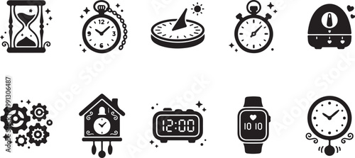 Black and white of various clocks and timepieces with stars and constellations alarm clock wristwatch