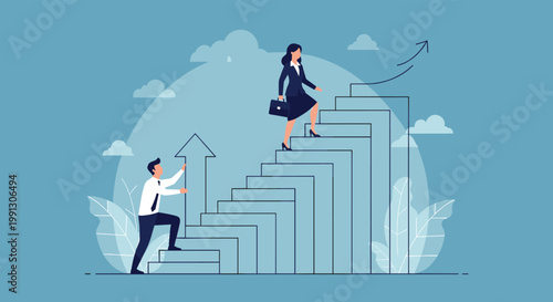 Determined business woman walks up a mountain of stairs to reach the top while her colleague helps build the next steps.
