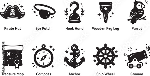 Black and white pirate themed including hat eye patch hook hand peg leg parrot treasure map compass anchor ship wheel cannon