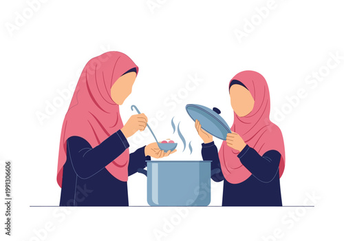 Two Muslim Women in Hijabs Cooking Together, Mother and Daughter Preparing a Hot Meal in a Large Pot, Flat Vector Illustration