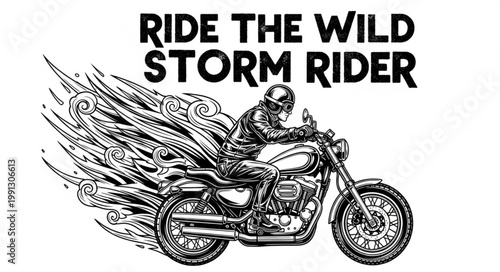 Motorcycle Rider Speeding with Fiery Flames.