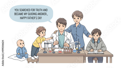 Father's Day Science Lesson: A heartwarming Father's Day illustration depicts a father figure amidst his children, engaging in a science-themed activity filled with test tubes and experiments.