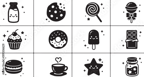 Set of black and white household and food with stars and plus symbols household food black and white