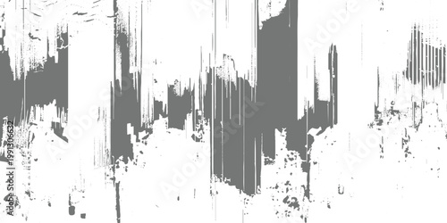 Abstract grunge texture with vertical streaks, rough paint drips, and distressed edges, monochrome grayscale, urban decay aesthetic, glitch-like composition, minimalist background.