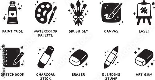 Watercolor painting supplies with brushes canvas palette and sketchbook on white background paint tube
