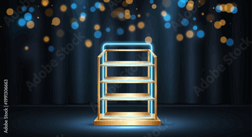 Golden Display Stand with Neon Light on Stage, Product Showcase, Award Podium, Spotlight