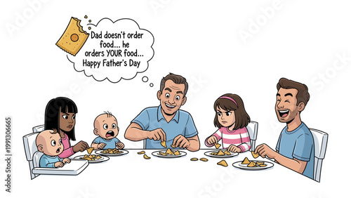 Family Father's Day Dinner: A family gathers for Father's Day, sharing a meal as a cartoon thought bubble reveals a humorous sentiment, adding a touch of wit and warmth to the family scene. 