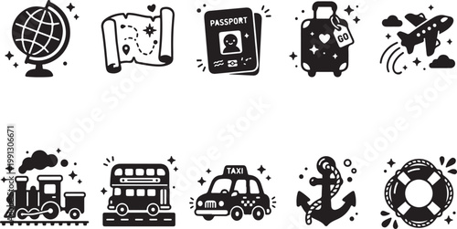 Travel essentials flat lay with passport tickets luggage and camera on white background