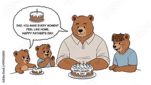 Father's Day Celebration with Bears: A heartwarming illustration of a bear family celebrating Father's Day, featuring a father bear and his three cubs gathered around a cake.