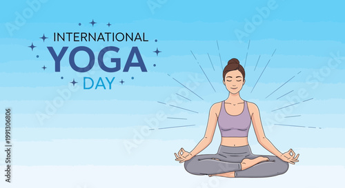 International Yoga Day: Woman Meditating in Lotus Pose on Blue Sky Background