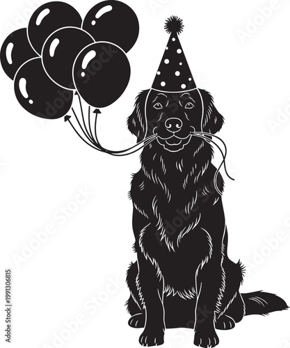Golden retriever dog in party hat holding balloons vector silhouette illustration isolated on transparent background for birthday wishes.
