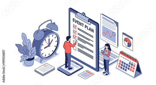 Professional event planners organize their schedule using a giant checklist, calendar, clock, and detailed business documents in an office.