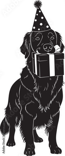 Golden retriever dog in party hat holding gift box vector silhouette illustration isolated on transparent background for birthday designs.