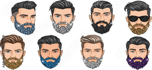 Stylish Bearded Men Avatar Set with Trendy Hairstyles Colorful Glitter Beards and Fashion Character Faces Collection