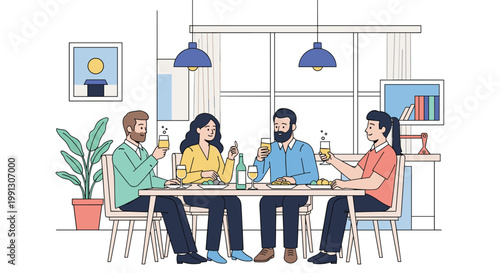Group of happy friends enjoy a delicious dinner and toast with glasses of wine in a cozy and well-decorated home dining room.