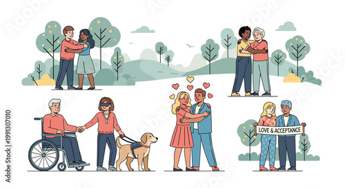 Diverse couples and individuals embracing love and acceptance in a park setting, showcasing inclusivity and relationships.