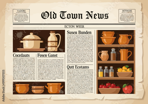 Vintage Old Town News Newspaper Layout with Rustic Cookware, Kitchen Utensils, and Pantry Essentials Illustrations on Aged Parchment Paper Background