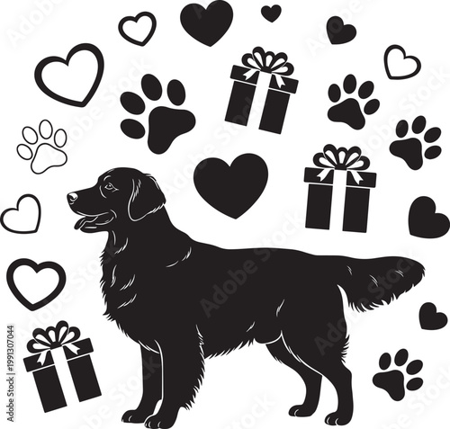 Dog with hearts and gifts silhouette surrounded by symbols vector illustration.
