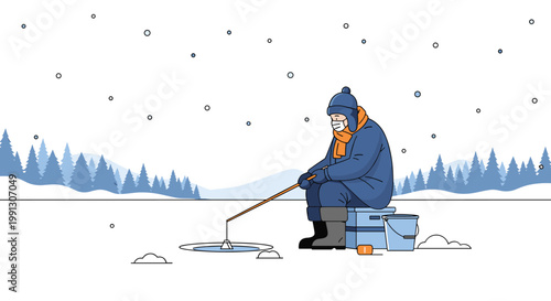 Man wearing a protective mask and warm winter clothes enjoys ice fishing on a frozen lake during a peaceful snowy day.