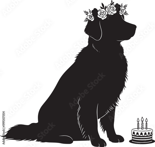 Dog wearing flower wreath beside birthday cake silhouette vector.