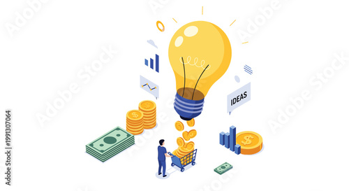 Success-driven man catches falling gold coins from a giant light bulb into a shopping cart representing the monetization of ideas.
