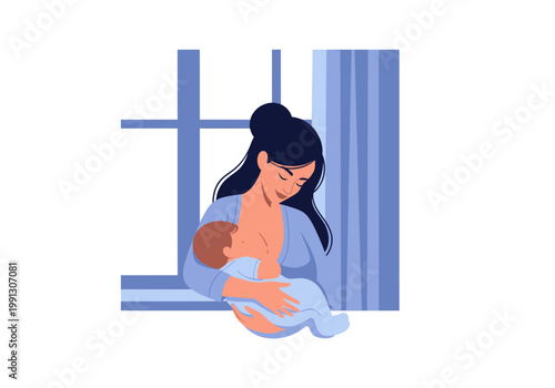 Mother Breastfeeding Her Newborn Baby at Night Near Window Illustration. Flat Vector Design for Parenting, Healthcare, and Maternal Bonding Concepts.