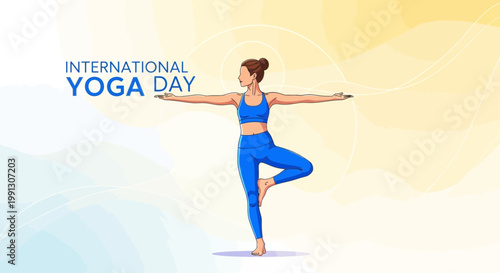 Woman practicing yoga tree pose on International Yoga Day, healthy lifestyle