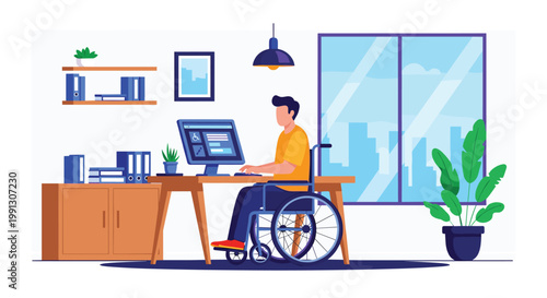 Determined male professional in a wheelchair works efficiently at his modern office desk using a computer and digital documents.