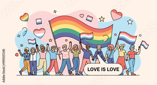 Diverse group of people holding rainbow flags and celebrating LGBTQ+ pride with 'Love is Love' banner.