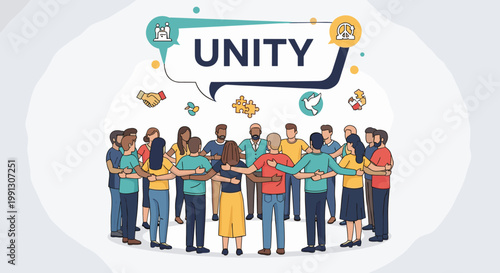A diverse group of people standing in a circle with their arms around each other, symbolizing unity and togetherness, with the word "UNITY" prominently displayed above them.