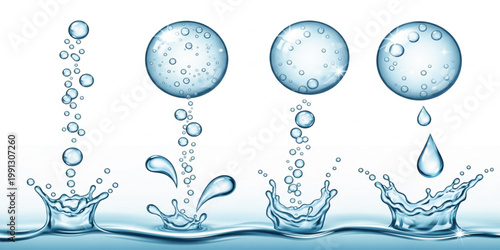Water Splash Bubble Set with Blue Liquid Drops Ripple Crown and Aqua Effect Collection Design
