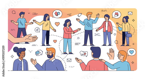 Diverse group of people engaging in communication and social interaction, illustrating connection and community.