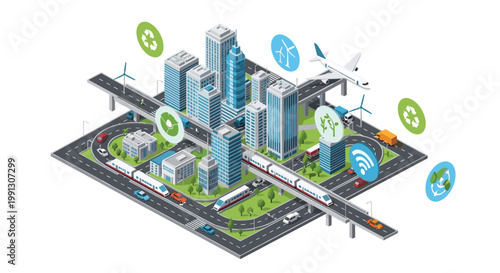 Comprehensive isometric smart city model featuring green energy sources, high-tech transportation, and global connectivity icons.