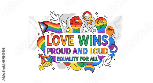 Vibrant illustration celebrating LGBTQ+ pride with 'Love Wins Proud and Loud Equality for All' text and diverse symbols.