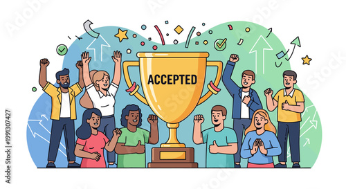 Diverse group of happy people celebrating success and acceptance around a golden trophy with confetti and stars.